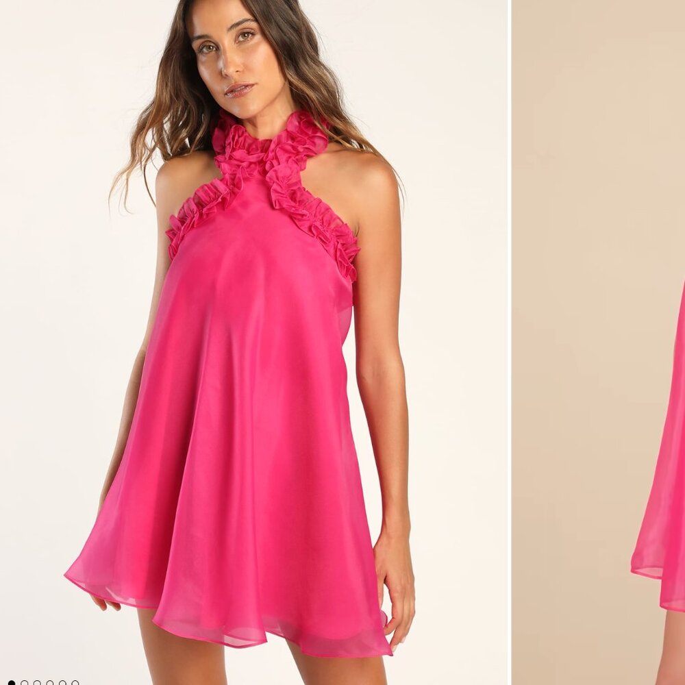 Lulus pink organza halter/ruffle neck mini dress
